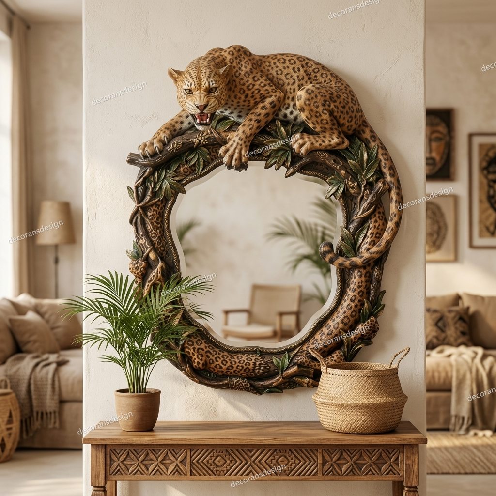 Leopard jungle wall mirror styled above a console
