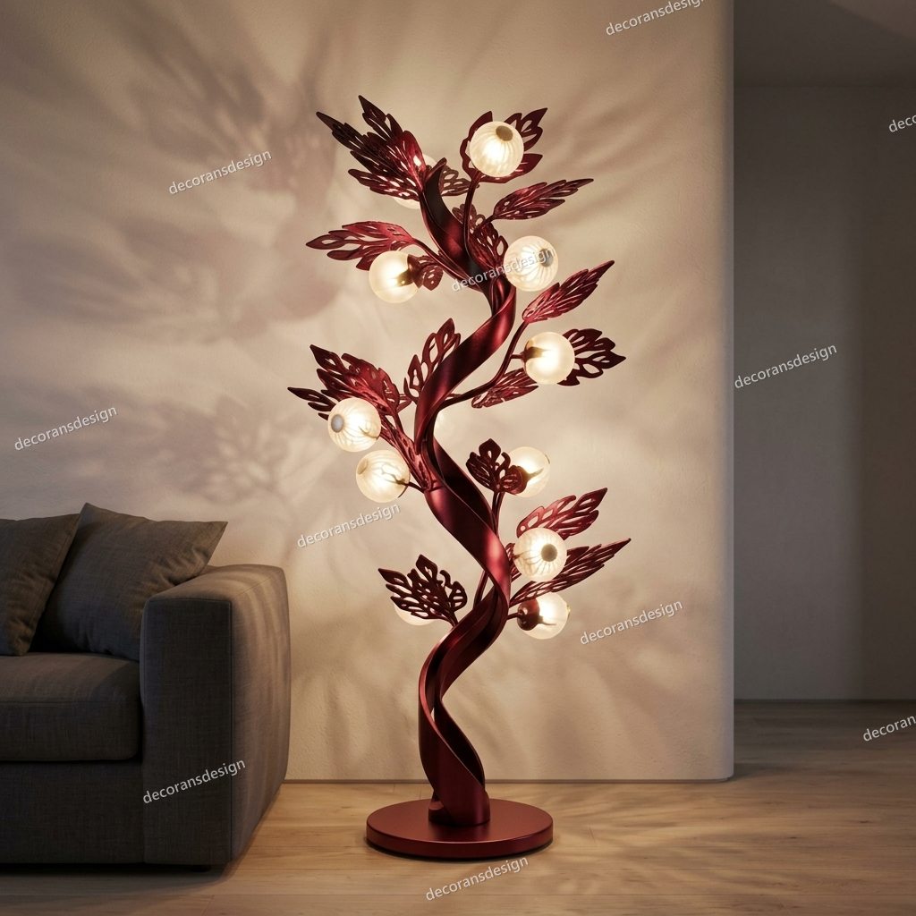 Crimson tree floor lamp lit in a living room
