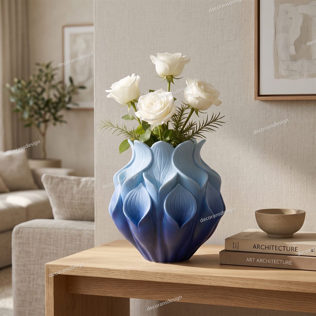 Navy lotus crown vase with white roses on a side table