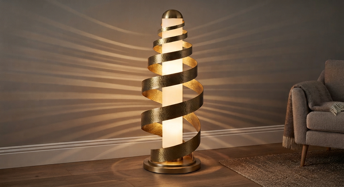 Brushed brass gold floor lamp render, spiraling ribbon around a glowing warm-white cylindrical shade