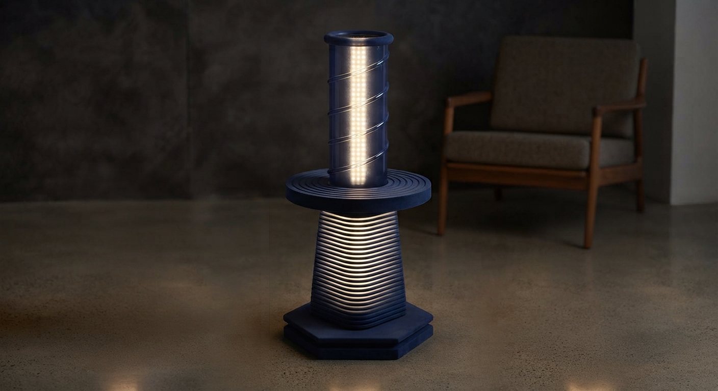 Matte midnight blue floor lamp render, hexagonal base, ribbed rectangular body, flat disc, and spiral-grooved glowing cylinder