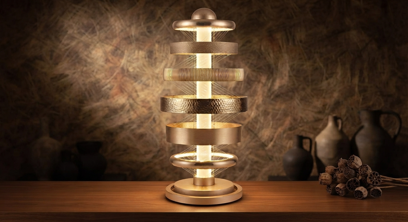 Warm champagne gold floor lamp render, six floating rings hovering at different heights around a glowing central core