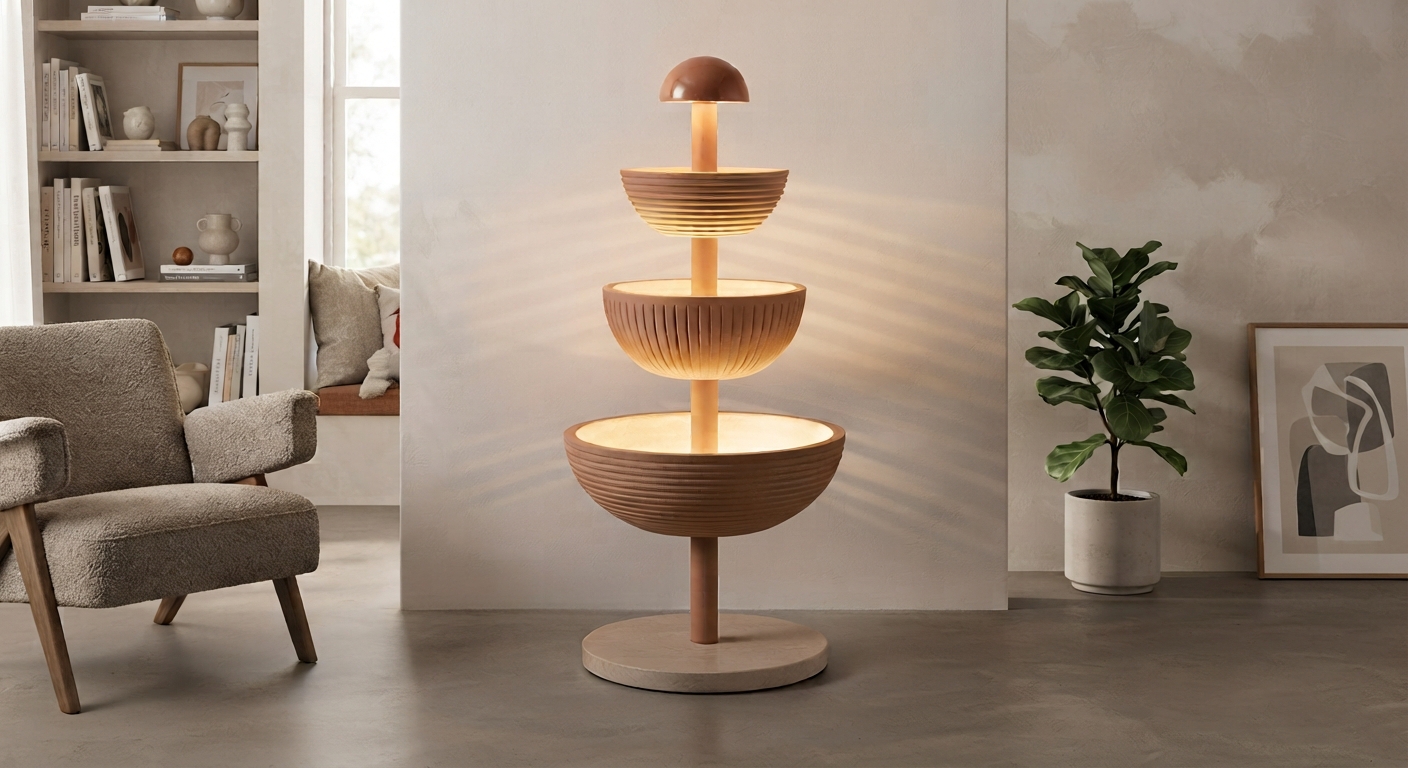 Warm terracotta kiremit floor lamp render, three cascading tiered bowls glowing from an internal light column