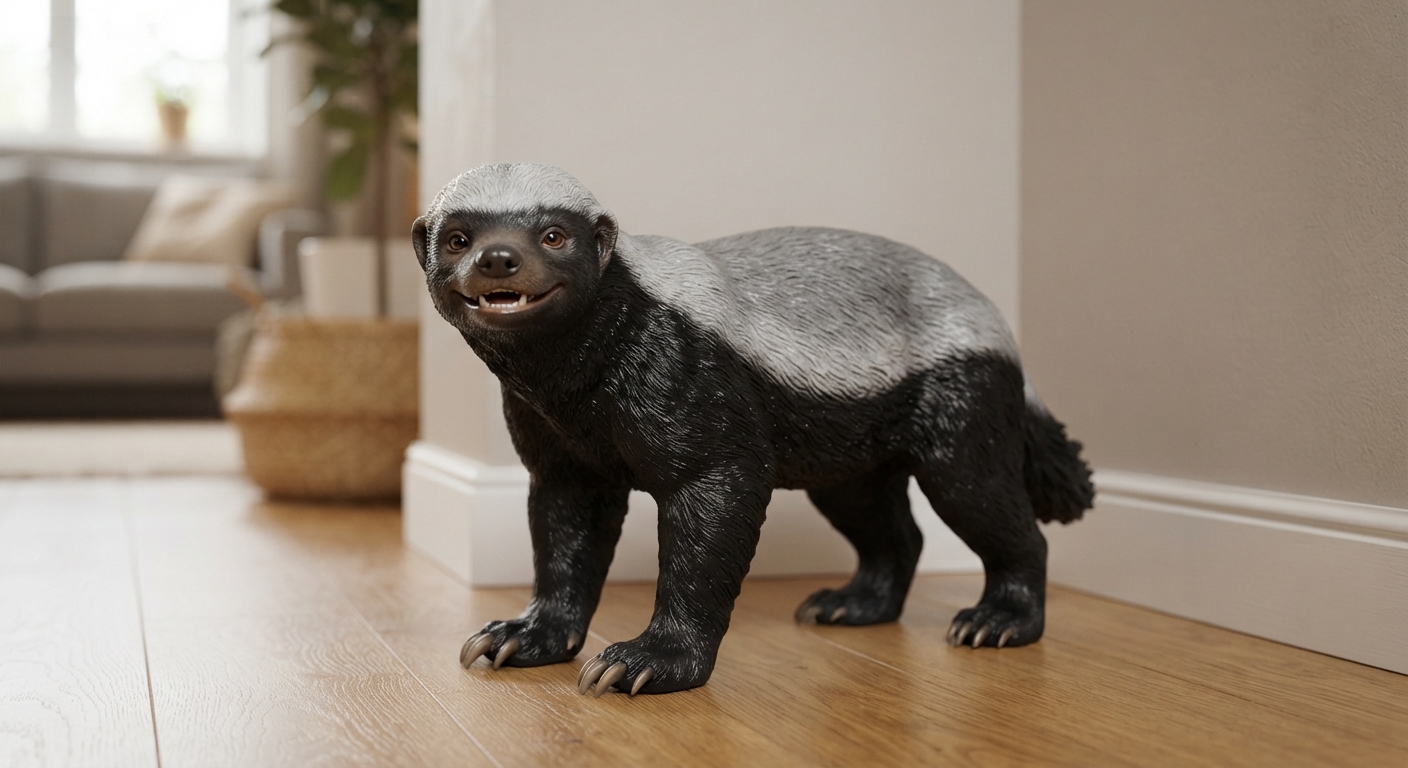 Honey badger figurine with a smiling expression standing in a room corner on a wooden floor, silvery-grey and black two-tone fur