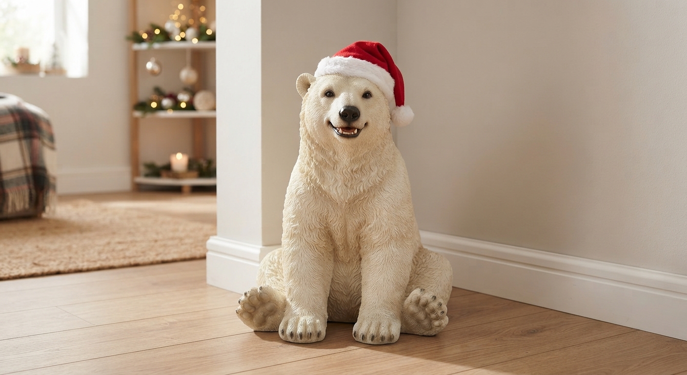 Smiling polar bear figurine wearing a red Santa hat, seated in the center of a warm living room corner