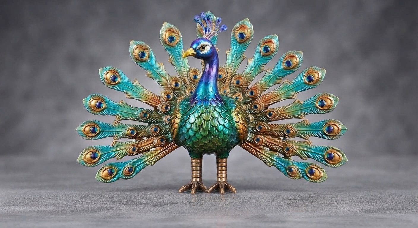Iridescent peacock figurine standing on two bronze legs with its tail fully fanned, teal and gold feathers with sapphire eye spots, violet crest and emerald scaled chest