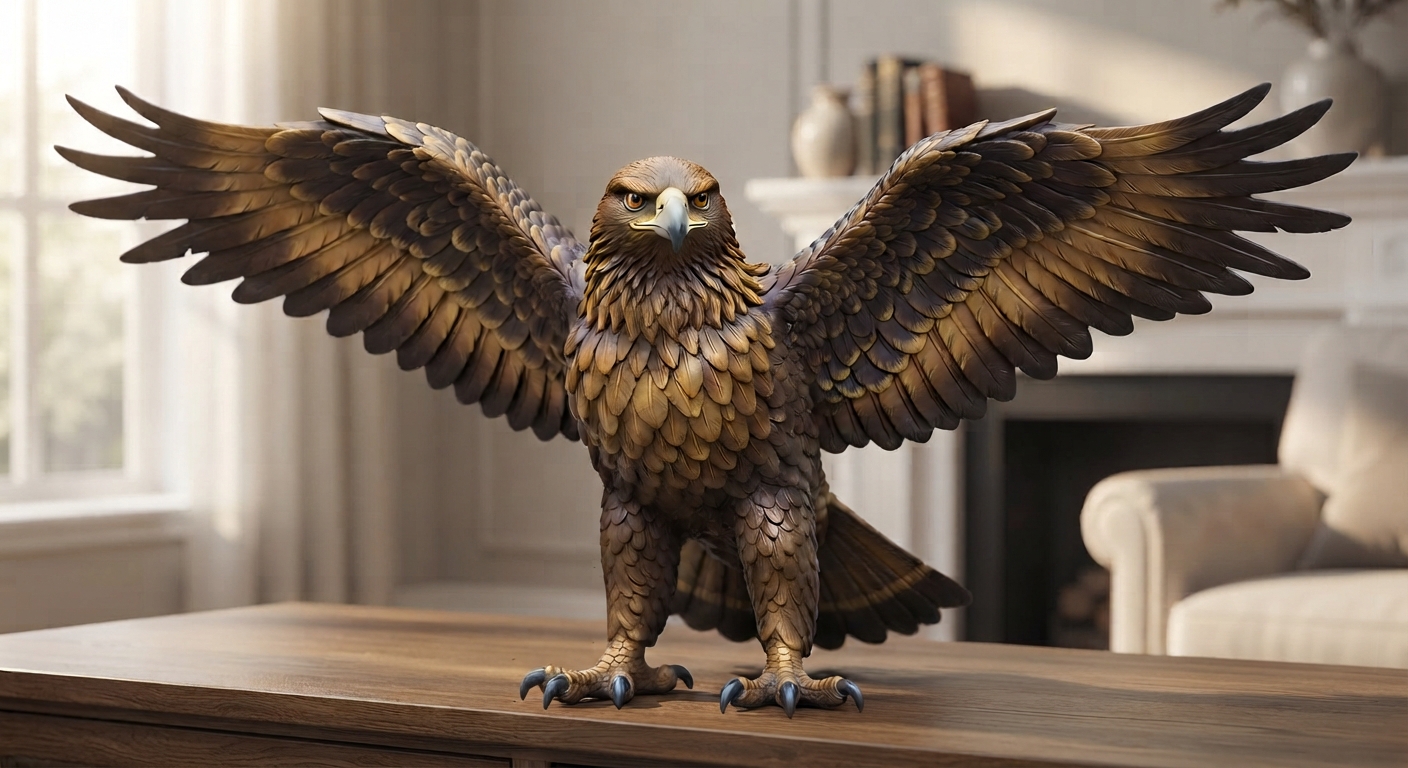 Deep brown and gold eagle figurine with wings fully extended, matte finish, talons gripping the ground