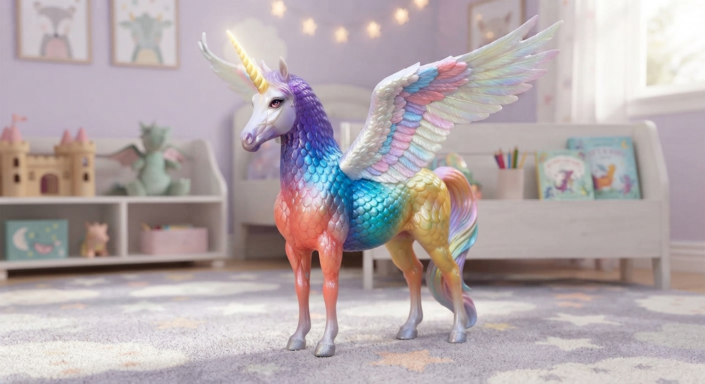 Vibrant multicolored winged unicorn figurine standing with wings fully extended and a glowing horn, glossy finish