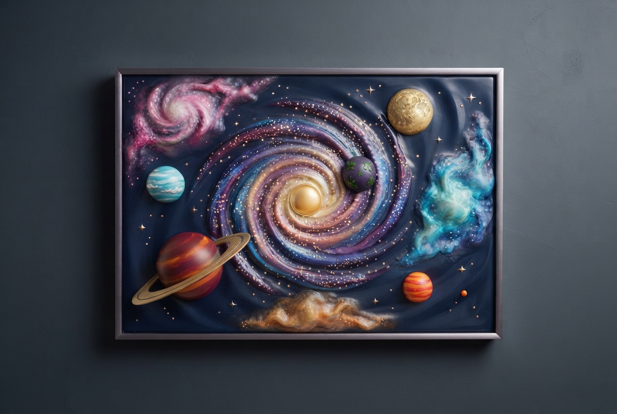 Deep cosmic-toned 3D wall relief of a spiral galaxy with nebulae, stars, and floating planets