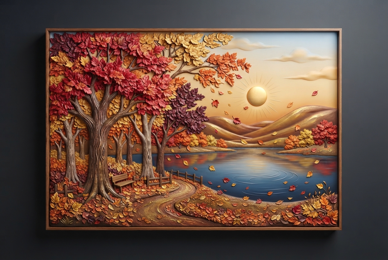 Warm autumn-toned 3D wall relief of a golden forest landscape with a lake, path, and falling leaves