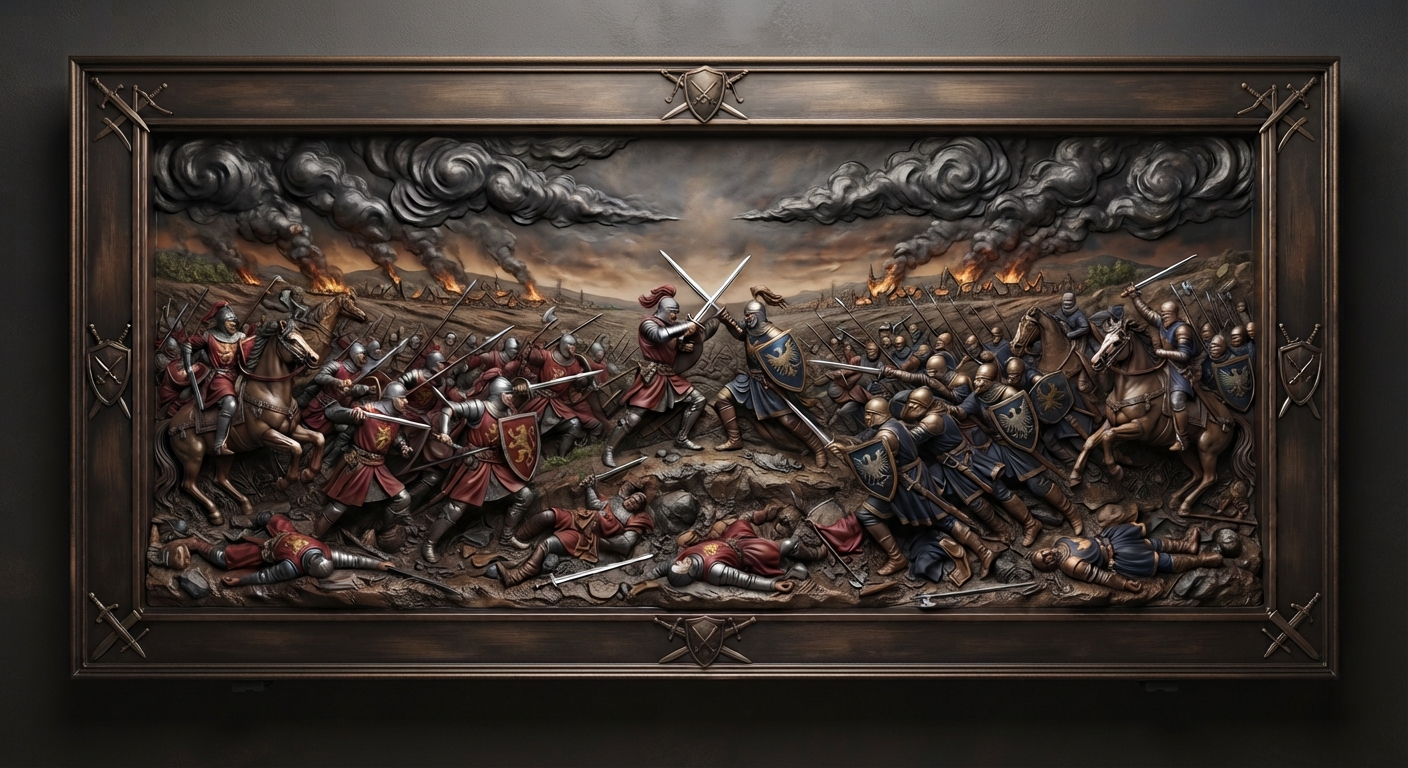 Deep steel and earth-toned 3D wall relief of two opposing medieval armies clashing on a battlefield