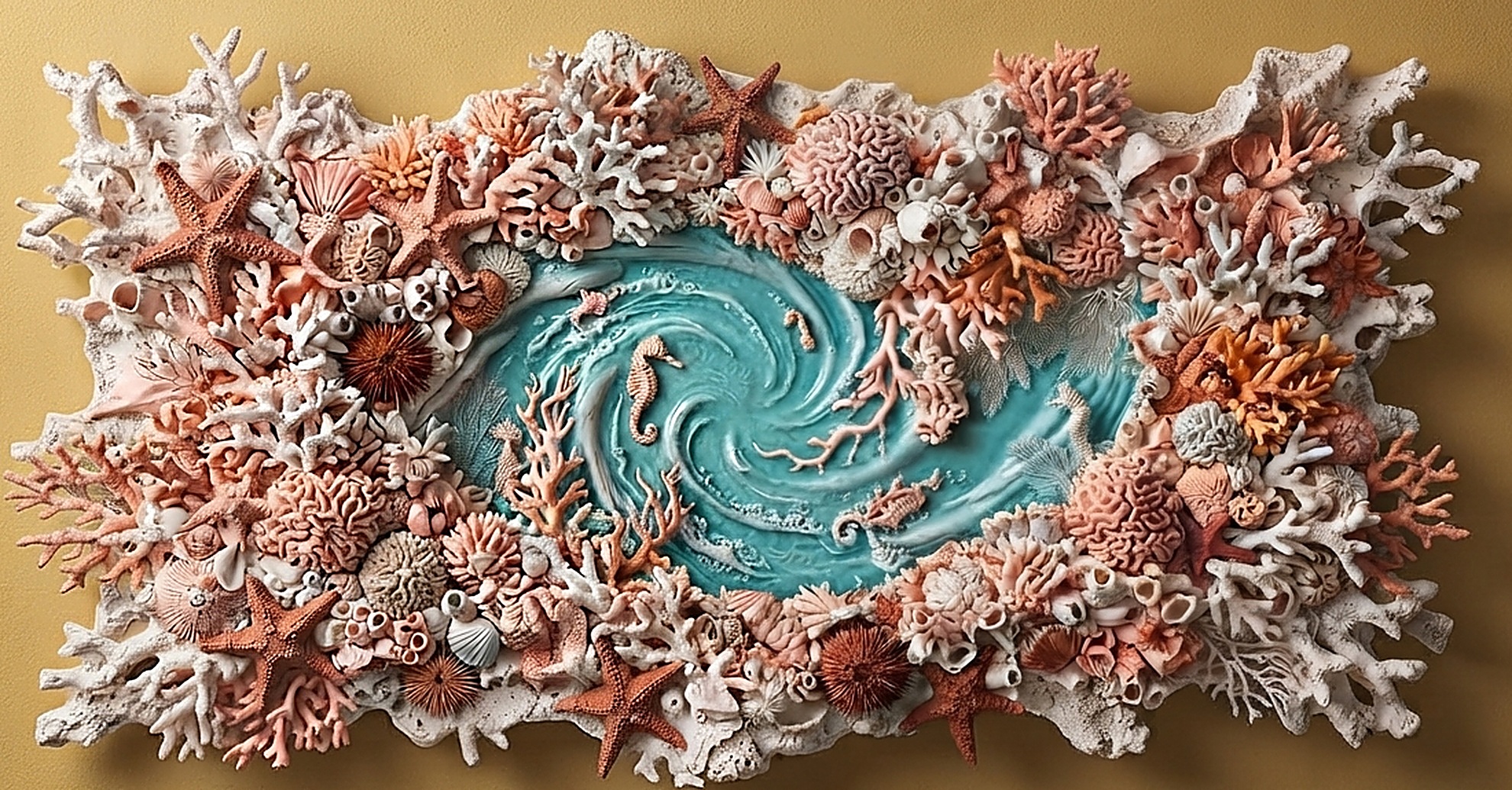 Wide coral-pink and turquoise 3D wall relief shaped like a breaking wave, with coral, starfish, and seahorses surrounding a glossy turquoise whirlpool center