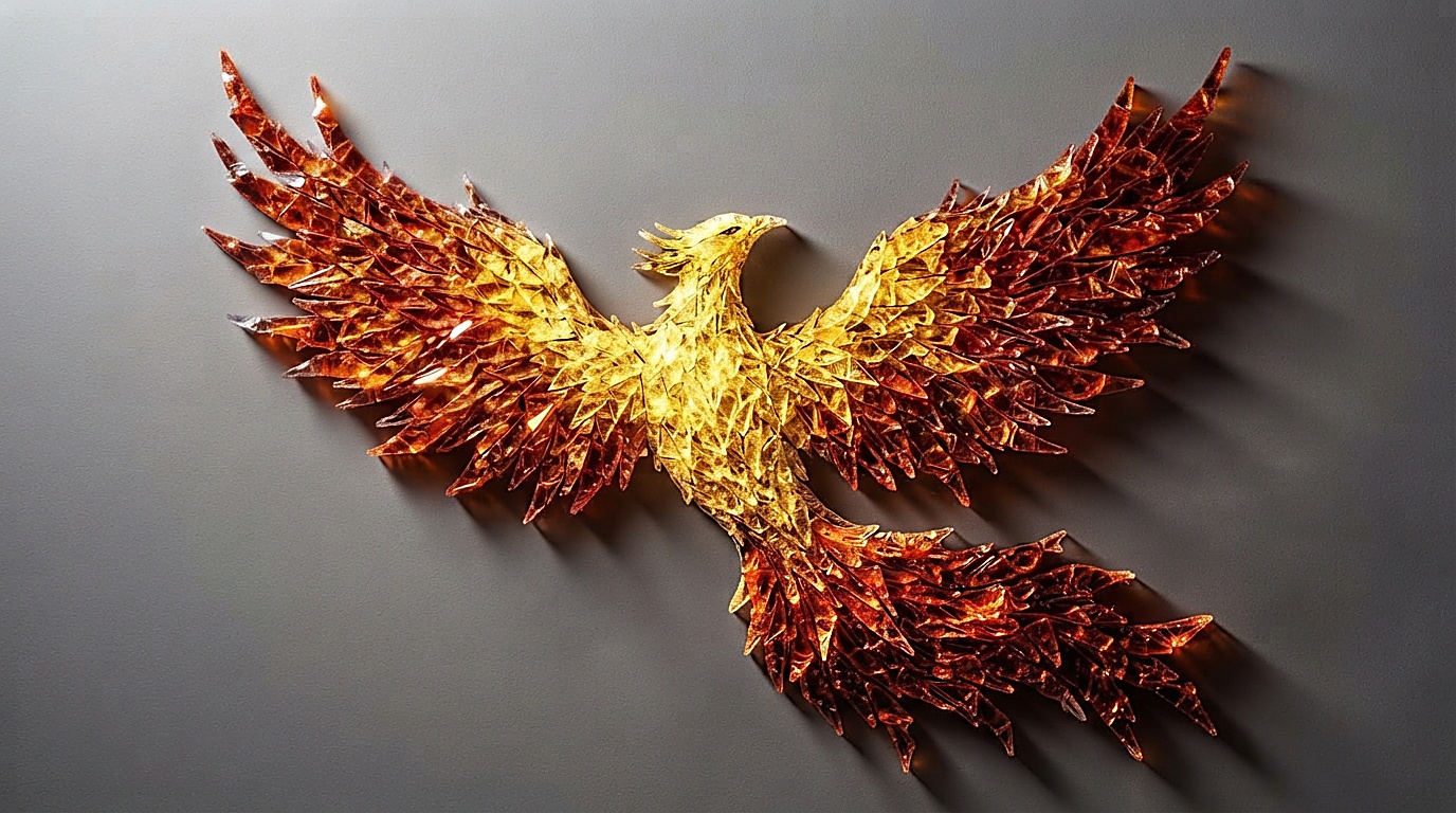 Wide amber and gold 3D wall relief shaped like a phoenix in flight, built from hundreds of angled glass shards shifting from golden yellow at the body to garnet red at the wingtips, shown on a soft gray background