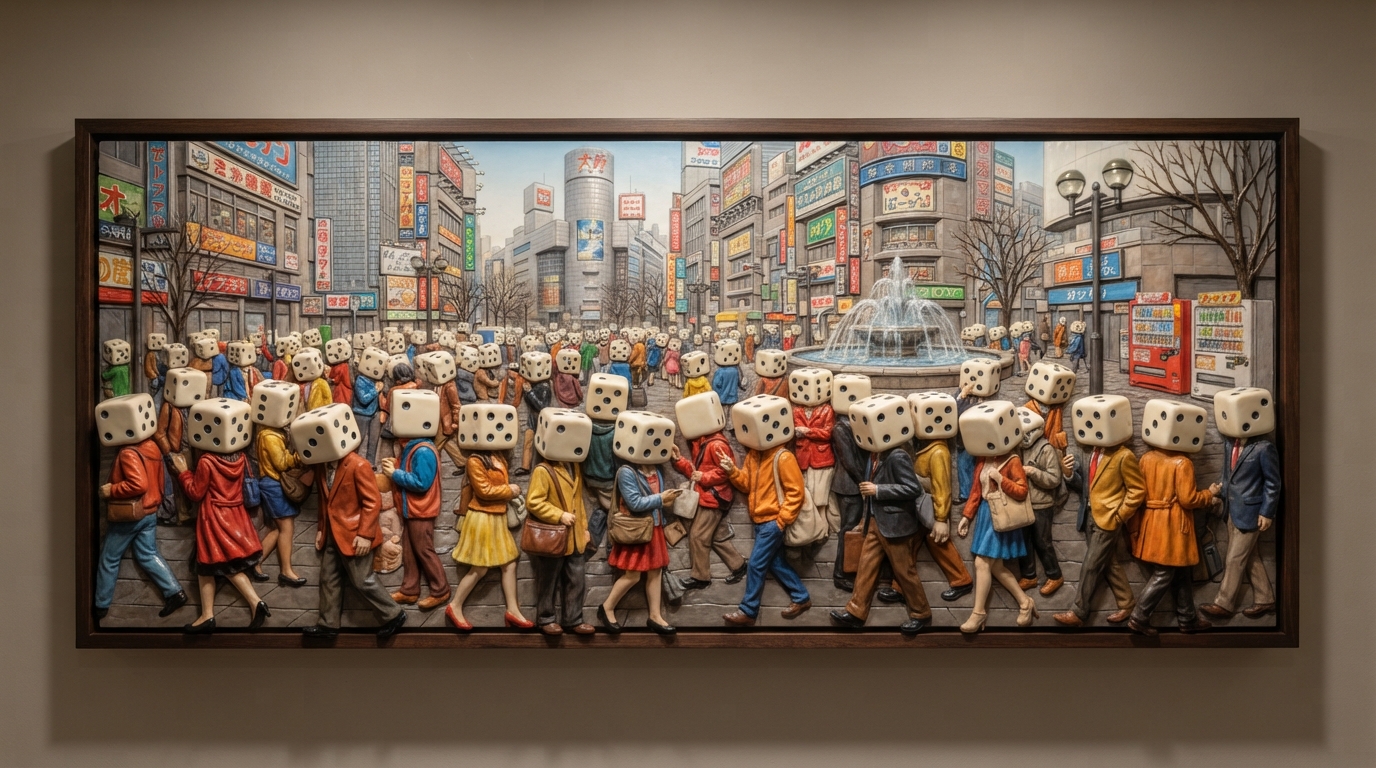 Wide framed 3D wall relief depicting a dense Tokyo pedestrian crowd where each figure's head is replaced by an oversized ivory die, richly colored clothing carved in deepening relief toward the foreground, set against a neon-lit cityscape and fountain in a dark wood frame