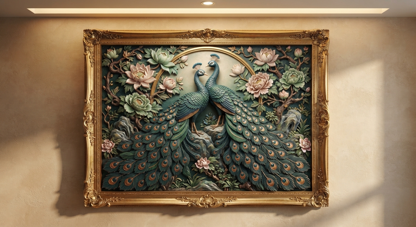 Wide framed 3D wall relief depicting two peacocks facing each other atop a carved rock, crested heads meeting beneath a golden arch, tail feathers spreading symmetrically downward in teal, sapphire, and violet with copper-gold eye markings, surrounded by pastel lotus and peony blooms, set in an ornate gold baroque frame
