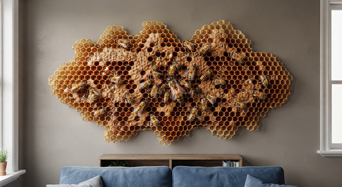 Frameless organic 3D wall relief of a honeycomb with worker bees crawling across raised amber wax cells, a larger queen bee surrounded by attending workers at the center, outer edge breaking into whole, half, and broken cells with no straight border