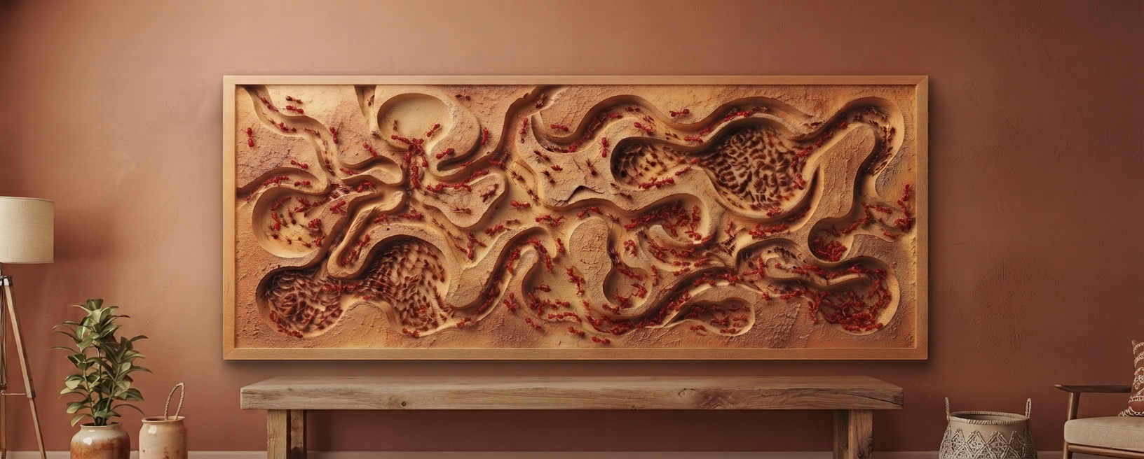 Wide framed horizontal 3D wall panel resembling a cross-section of an underground ant colony, branching terracotta tunnels and chambers carved into a sandy ochre surface, over a hundred small reddish brown ants clustered inside the chambers and along the tunnel paths, mounted on a warm rust-colored wall