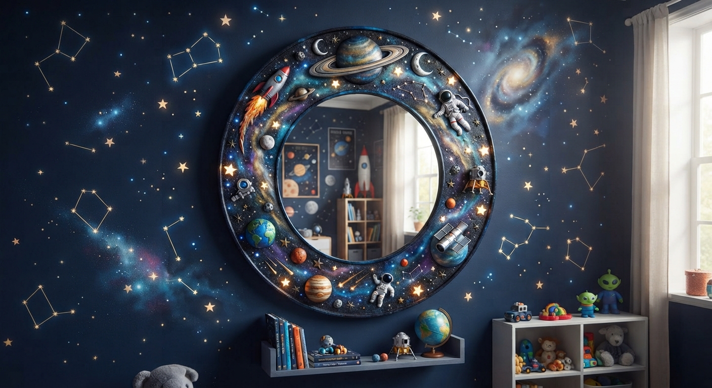 Round space-themed wall mirror render, deep navy galaxy frame with raised planets, a ringed planet, a rocket, astronauts, a lunar lander, a satellite, crescent moons and golden stars