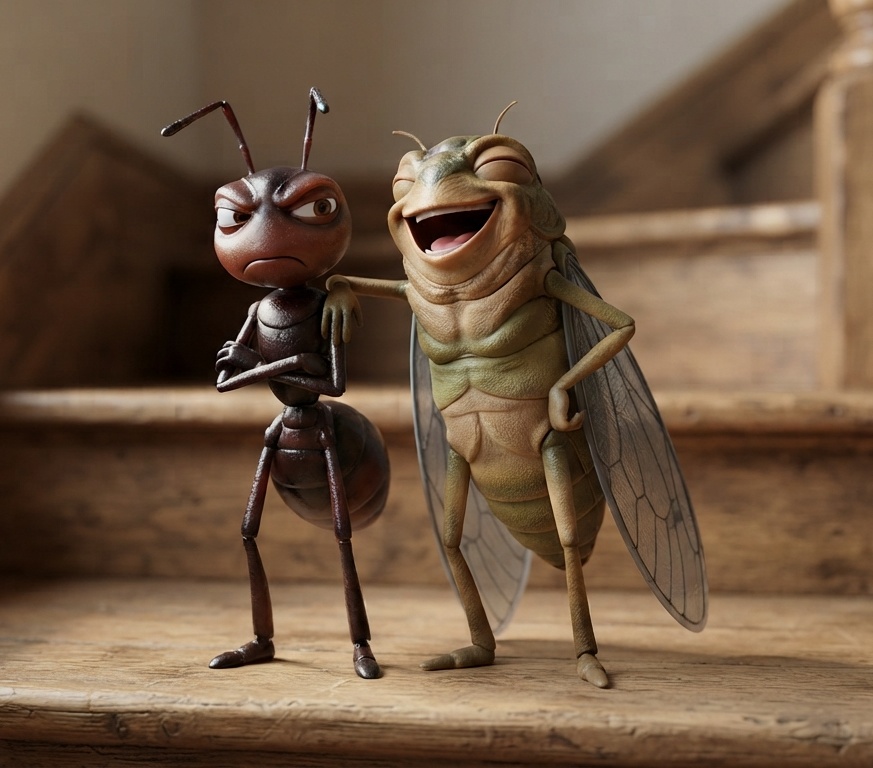 Cartoon-stylized ant and cicada figurine group on a wooden staircase step, the cicada laughing with an arm on the annoyed ant's shoulder