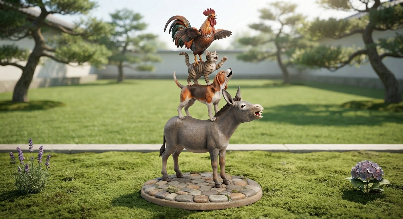 Bremen Town Musicians figurine with a rooster, cat, dog, and donkey stacked on a round cobblestone base, all four animals singing upward