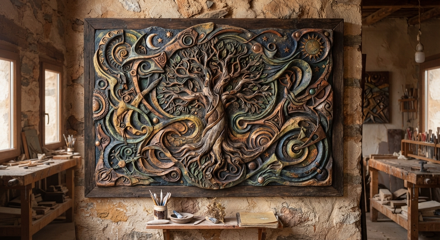 Dark wood-framed 3D wall relief of a tree of life at the center, surrounded by swirling copper, ochre, green and blue bands, spirals, a sun, a crescent moon and scattered stars in a weathered aged finish