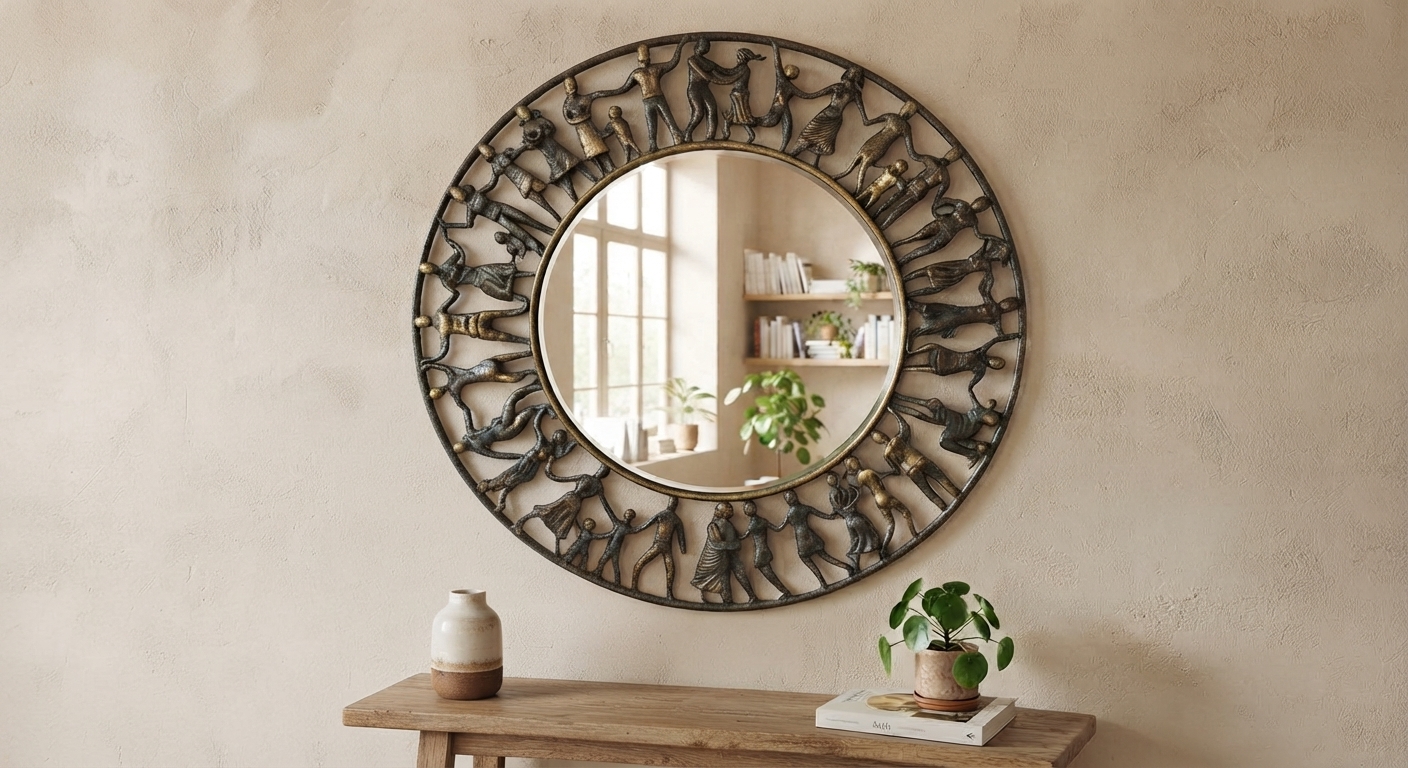 Round openwork wall mirror render, dark bronze frame made of a continuous ring of joined human figures, adults and children holding hands and dancing, with gold highlights