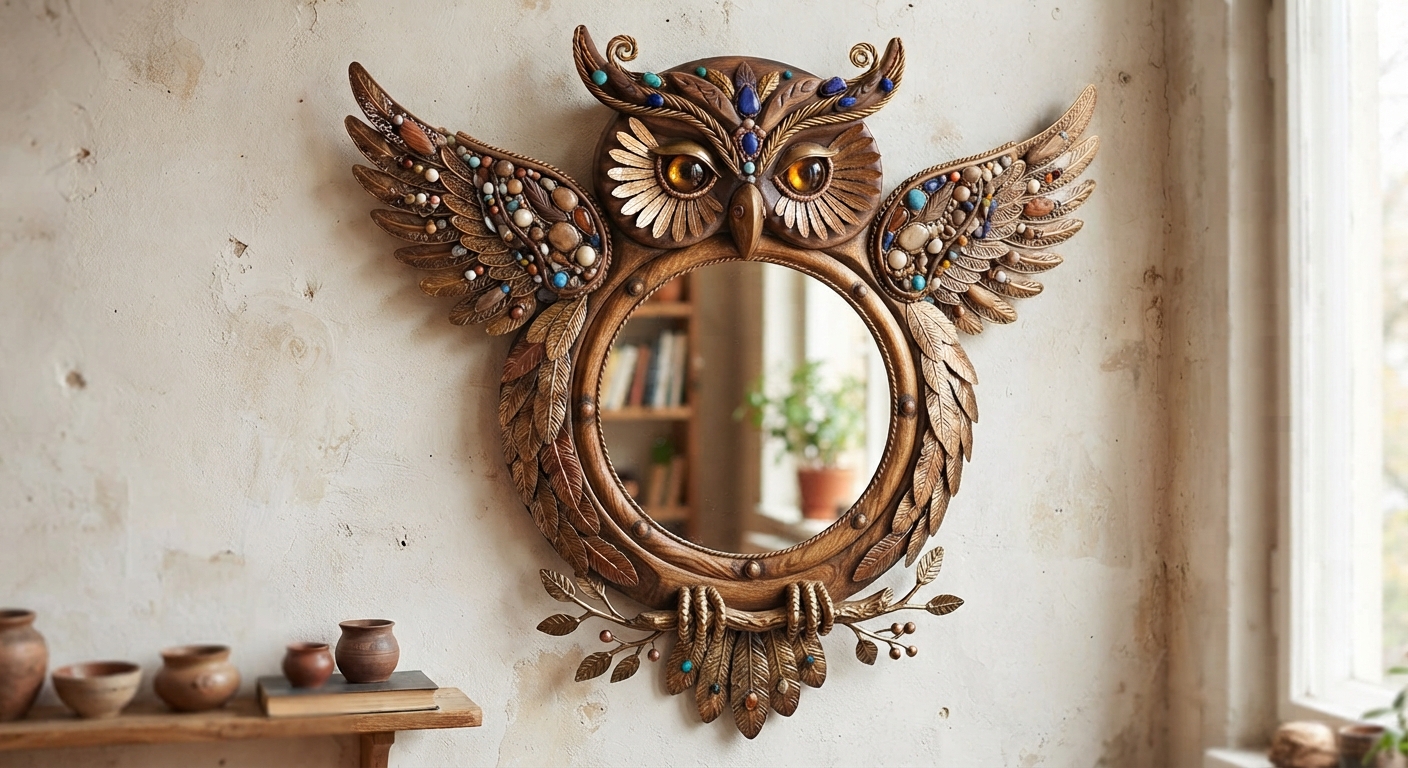 Owl-shaped wall mirror render, carved walnut-toned owl with spread wings inlaid with turquoise, lapis and amber stones, amber eyes and talons gripping a leafy branch below a round mirror