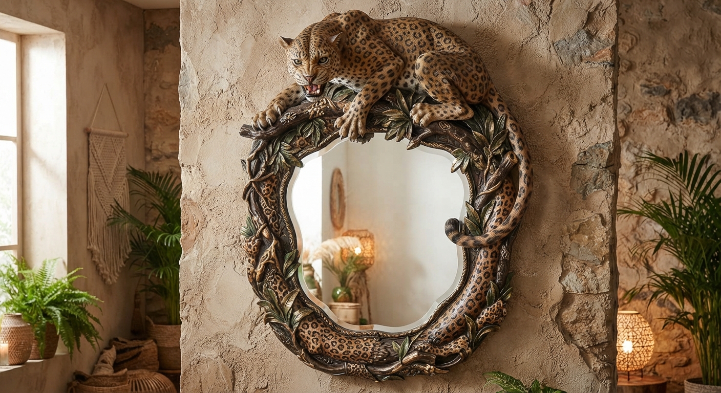 Organic wall mirror render, carved dark jungle branch frame with green leaves and leopard-spotted bands, a snarling leopard crouched on top with its tail draped down the side