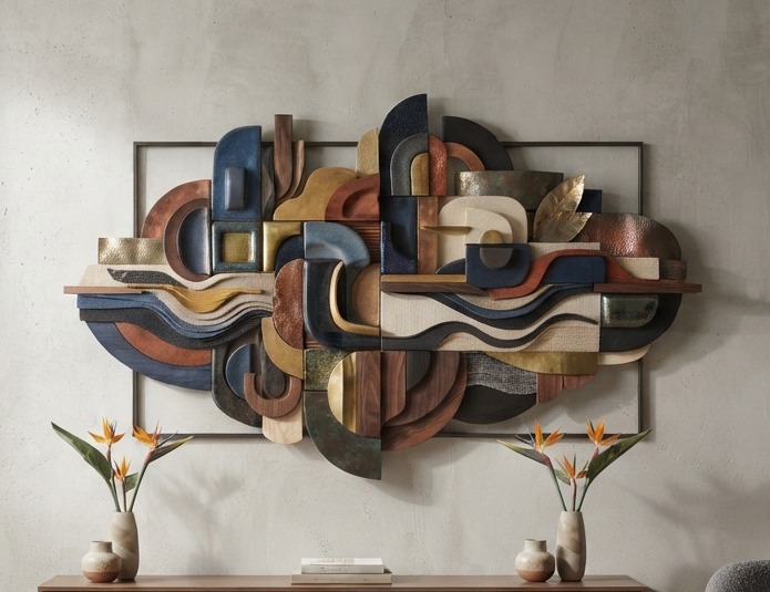 Modern abstract 3D wall relief render, layered arches, blocks and wave bands in navy, terracotta, ochre gold, bronze, cream and charcoal with mixed metallic and textured surfaces, set over a slim dark rectangular frame outline above a walnut console