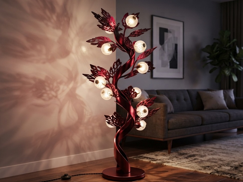 Crimson red tree-shaped floor lamp render, twisted ribbon trunk with perforated leaf-shaped branches holding glowing frosted globe bulbs, casting leaf shadows on the wall of a dim living room