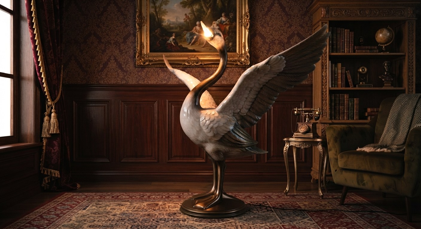 Swan-shaped floor lamp in a classic wood-paneled study, ivory and grey swan with wings spread wide and a warm light glowing from its beak, standing on bronze legs and a round dark plinth